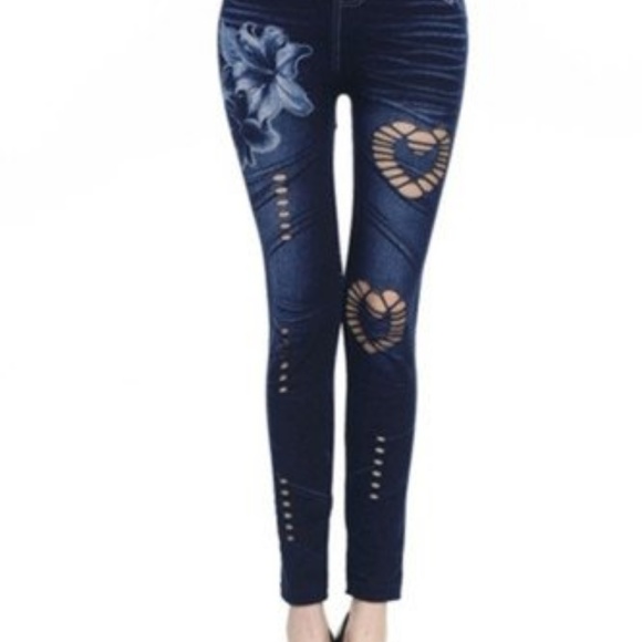 Faux Denim Slim Leggings Flower/Heart - Picture 4 of 4